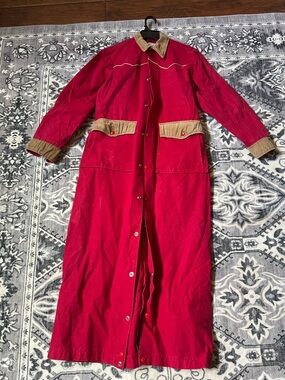 Vintage Women's Red Long Coat/Western Duster Corduroy Trim
